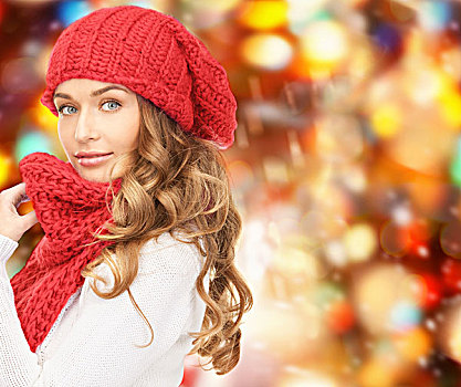 高兴,寒假,圣诞节,人,概念,少妇,帽子,围巾,上方,红灯,背景