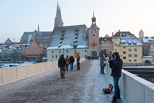 一月,寒冷,德国,多瑙河,冰冻,上方,雷根斯堡,滑冰