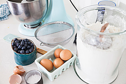 食品搅拌器,蓝莓,纸盒,蛋,厨房操作台