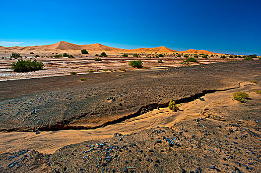 石头,荒芜,干燥,室外,河,床,沙子,沙丘,背影,南方,摩洛哥,非洲