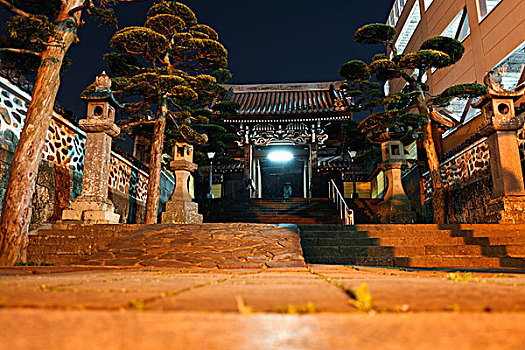 入口,佛教寺庙,夜晚,日本