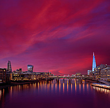 伦敦,天际线,日落,泰晤士河,反射,英国