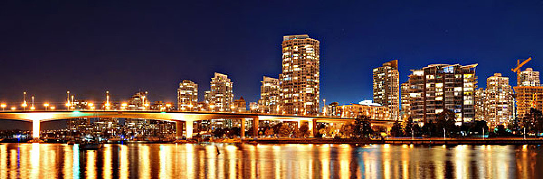 温哥华,城市天际线,夜晚,风景,建筑,桥