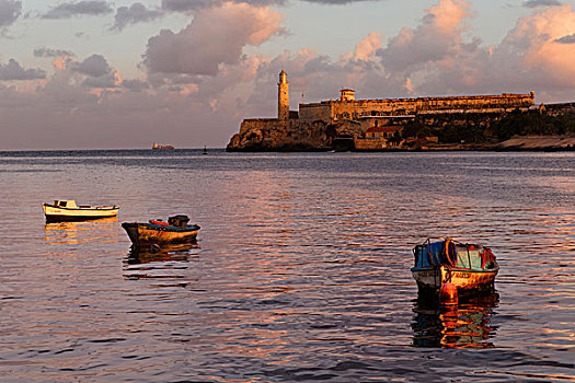 渔船,莫罗城堡,灯塔,哈瓦那,港口,日出,古巴
