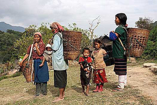女人,孩子,部落,山村,靠近,钳,金三角,缅甸,亚洲