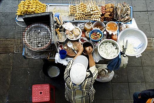 泰国,曼谷,俯视,街道,食品摊,摊贩,食物