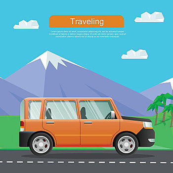 旅行,汽车,途中,靠近,山,大,橙色,速度,卑劣,运输,公路,巨大,青草,手掌,蓝天,背景,矢量,插画