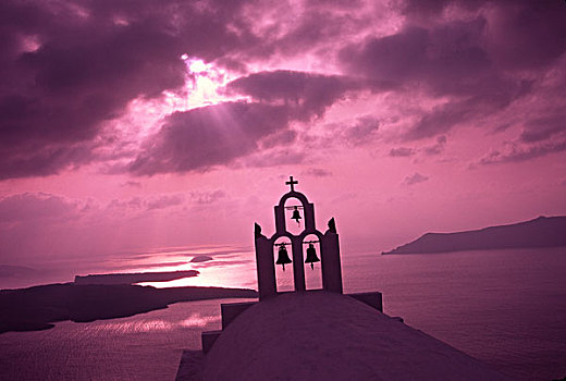 希腊,爱琴海,圣托里尼岛,锡拉岛,教堂,尖顶,夜光,光线,绛红