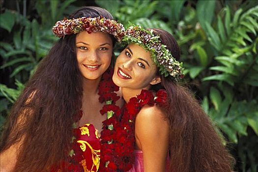 夏威夷,两个,美女,玻利尼西亚,女人,花环,热带环境
