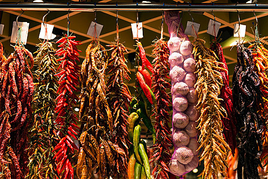 悬挂,蒜,辣椒,调味品,市场,巴塞罗那,西班牙,欧洲