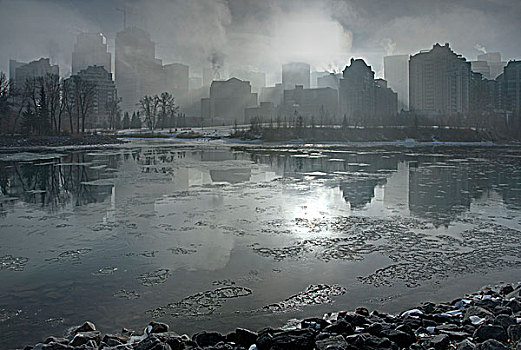 太阳,早晨,冬天,雾,弓河,卡尔加里,艾伯塔省,加拿大