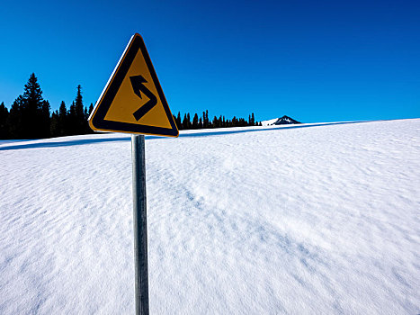 冬季草原公路上的交通标识