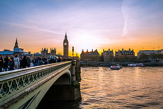 大本钟,黃昏,夜光,日落,议会大厦,威斯敏斯特桥,泰晤士河,威斯敏斯特,伦敦,区域,英格兰,英国,欧洲