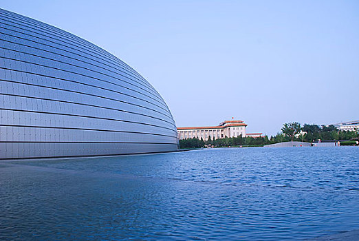 蓝天下的中国国家大剧院和人民大会堂