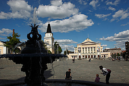 芬兰,区域,坦佩雷,城市,中心,广场,新古典主义,剧院,喷泉