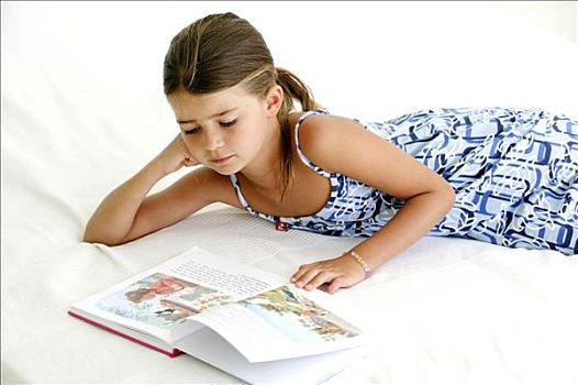 女孩,读,插画,书本,躺着,床