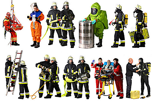 消防员,穿,不同,制服,化学品,防护,套装,护理人员,俯视,救援人员,水中呼吸器,潜水,疾病,控制