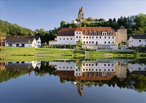 本笃会修道院,教堂,河,巴伐利亚,德国,欧洲