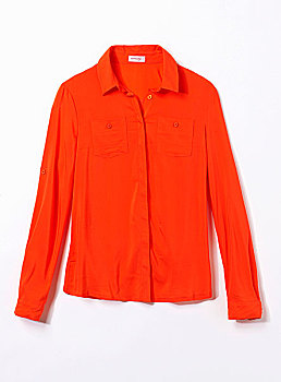 特写,橙色,衬衫,胸部,口袋,白色背景,背景