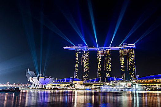 码头,湾,沙,酒店,夜晚,新加坡