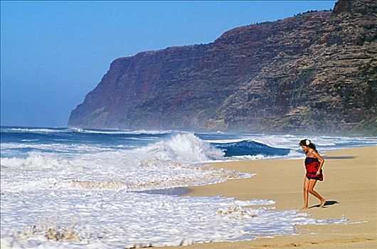 夏威夷,考艾岛,波里哈雷沙滩,海滩,女人,穿,沙滩裙