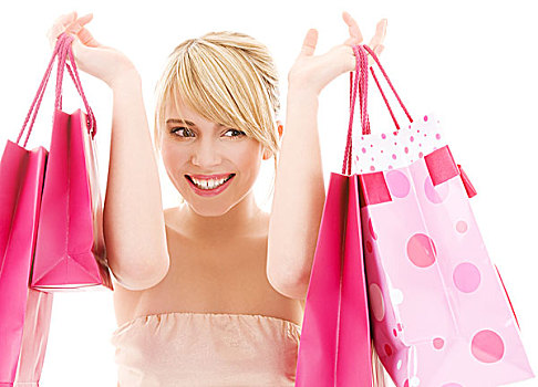 高兴,少女,粉色,购物袋