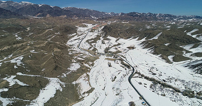 新疆哈密,航拍天山下春雪中的乡村公路