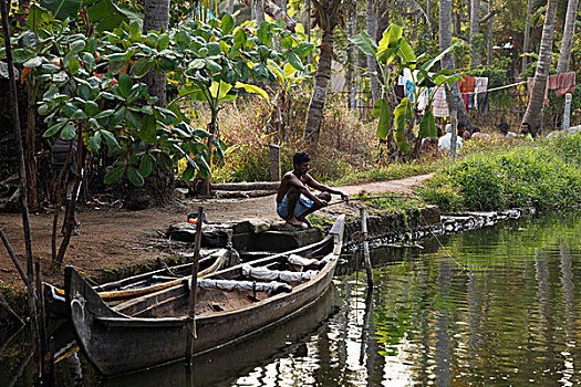 男人,捕鱼,运河,死水,靠近,喀拉拉,印度,南亚,亚洲