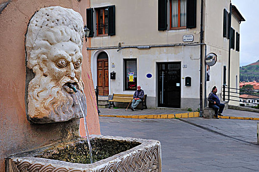 喷泉,石头,面具,托斯卡纳,意大利,欧洲