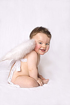 幼儿,女孩,裸露,天使之翼,孩子,婴儿,8个月,天使,翼,小天使,小精灵,仙女,垃圾,机会,愉悦,概念,可爱,圣诞节,侧面视角
