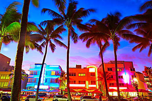 迈阿密海滩,南海滩,日落,海滨大道,佛罗里达,艺术装饰