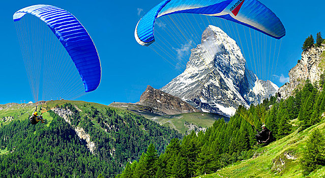 滑翔伞运动者,上方,马塔角,山峰,阿尔卑斯山,瑞士,欧洲