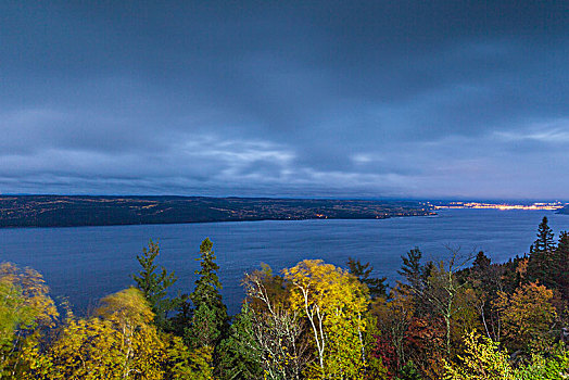 加拿大,魁北克,区域,峡湾,俯视图,黎明,秋天