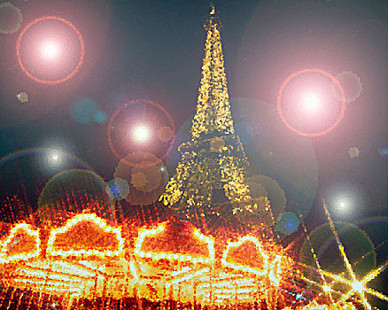埃菲尔铁塔,旋转木马,夜晚,巴黎,法国