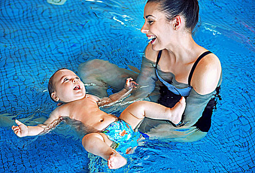 孩子,母亲,可爱,婴儿,放松,游泳池