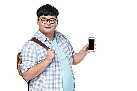 肥胖青年男子拿着手机