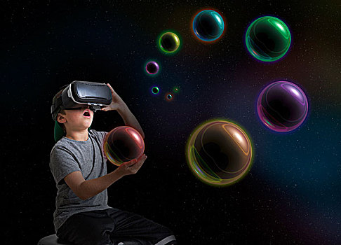 男孩,穿,虚拟现实,耳机,拿着,星球,数码合成