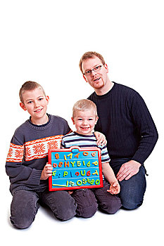 父亲,教育,两个男孩,磁性,黑板