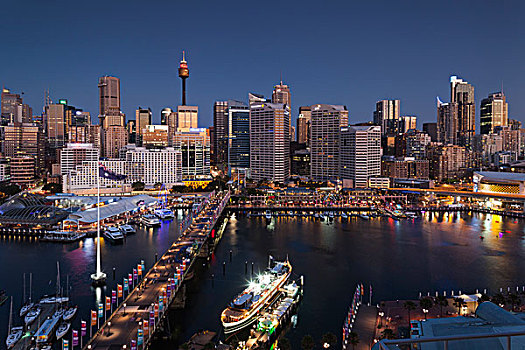 澳大利亚,悉尼,港口,桥,俯视图,黃昏