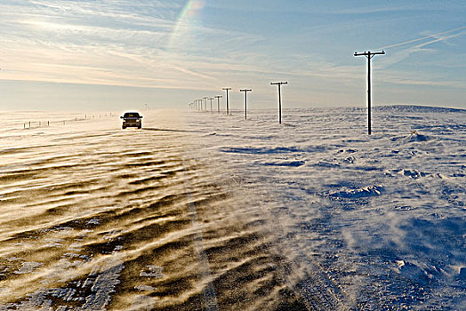 道路,遮盖,吹,雪,靠近,萨斯喀彻温,加拿大