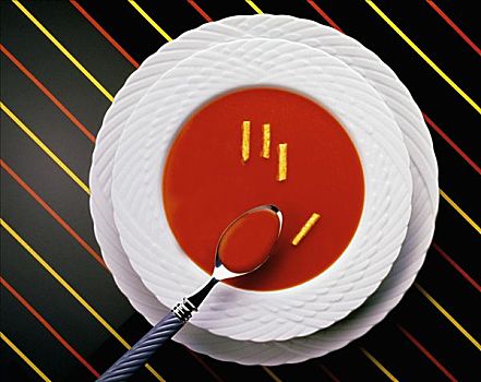 俯拍,勺子,器具,西红柿汤