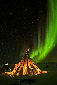 朋友,保暖,传统,拉普兰人,帐蓬,北极光,靠近,特罗姆瑟,挪威北部
