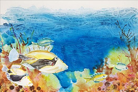 夏威夷,扳机鱼,鱼,热带,珊瑚礁景,水彩画