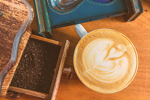 拿铁咖啡,艺术,咖啡,卡布奇诺,木桌子,背景