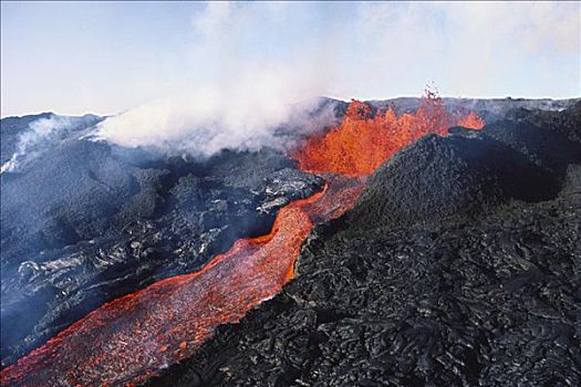 夏威夷,夏威夷大岛,夏威夷火山国家公园,喷发,火山岩,飘动,蒸汽,上升
