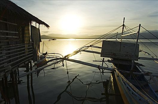 菲律宾,巴拉望岛,波多黎各,剪影,渔船,日落