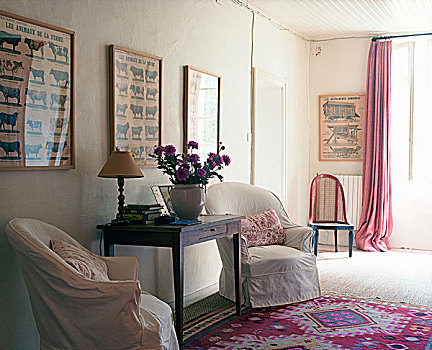 一对,扶手椅,白色,松,彩色,地毯,放松,邀请,客厅