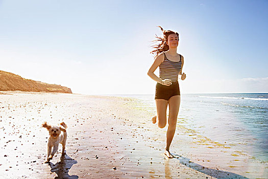 美女,狗,跑,晴朗,海滩