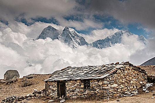 石头,小屋,昆布,山谷,尼泊尔