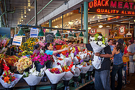 花,出售,派克市场,西雅图,华盛顿,美国